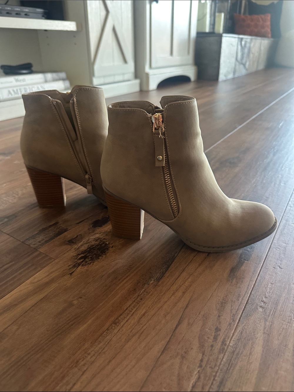 Diba Taupe Faux-Suede Ankle Booties with Stacked Heel